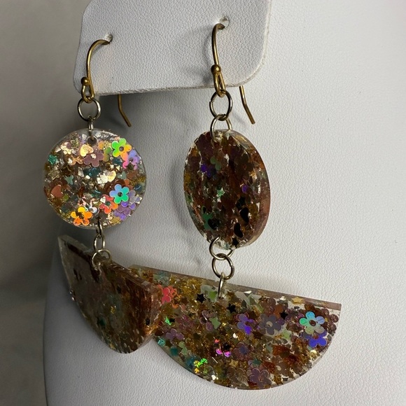 Geometric Holographic Confetti Gold Resin Earrings - Picture 3 of 6